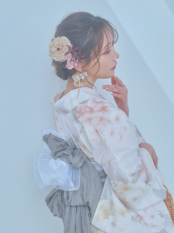 画像6: 【浴衣セール！】【即日発送】ホワイトベージュ紫陽花浴衣【浴衣３点セット 浴衣/帯/下駄】[YMT] (6)