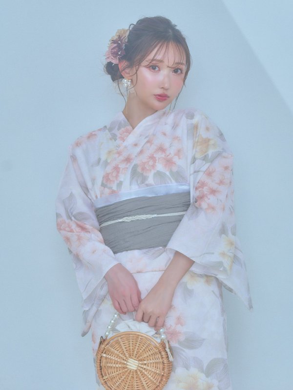 画像8: 【浴衣セール！】【即日発送】ホワイトベージュ紫陽花浴衣【浴衣３点セット 浴衣/帯/下駄】[YMT] (8)