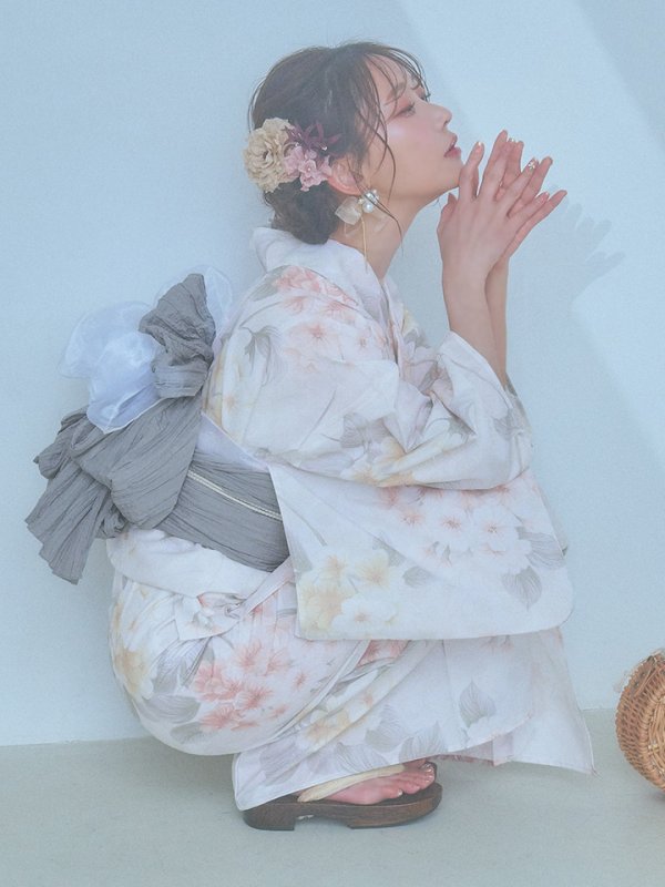 画像9: 【浴衣セール！】【即日発送】ホワイトベージュ紫陽花浴衣【浴衣３点セット 浴衣/帯/下駄】[YMT] (9)