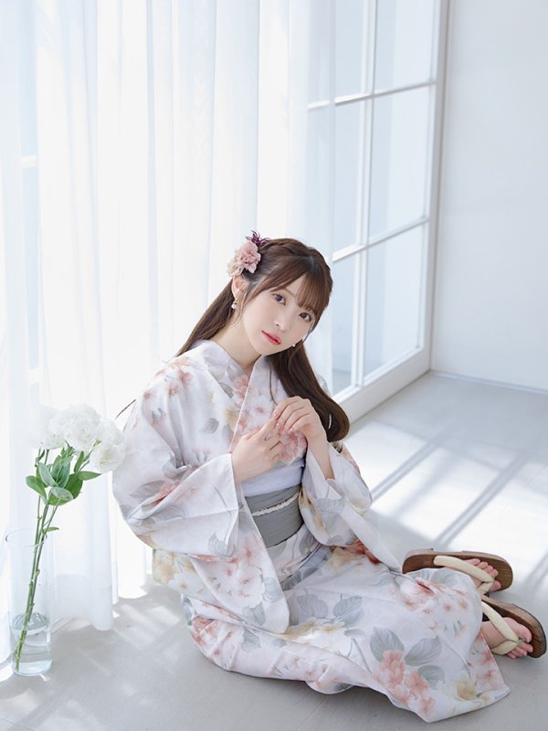 画像10: 【浴衣セール！】【即日発送】ホワイトベージュ紫陽花浴衣【浴衣３点セット 浴衣/帯/下駄】[YMT] (10)