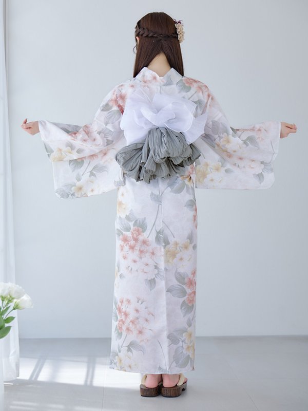 画像15: 【浴衣セール！】【即日発送】ホワイトベージュ紫陽花浴衣【浴衣３点セット 浴衣/帯/下駄】[YMT] (15)
