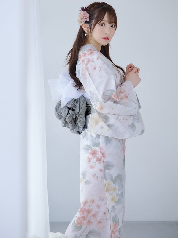 画像2: 【浴衣セール！】【即日発送】ホワイトベージュ紫陽花浴衣【浴衣３点セット 浴衣/帯/下駄】[YMT] (2)