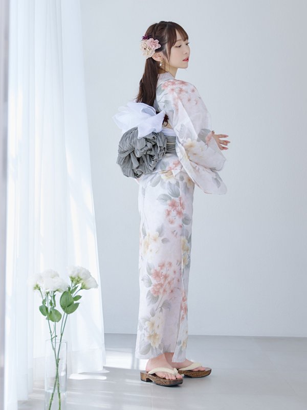 画像6: 【浴衣セール！】【即日発送】ホワイトベージュ紫陽花浴衣【浴衣３点セット 浴衣/帯/下駄】[YMT] (6)