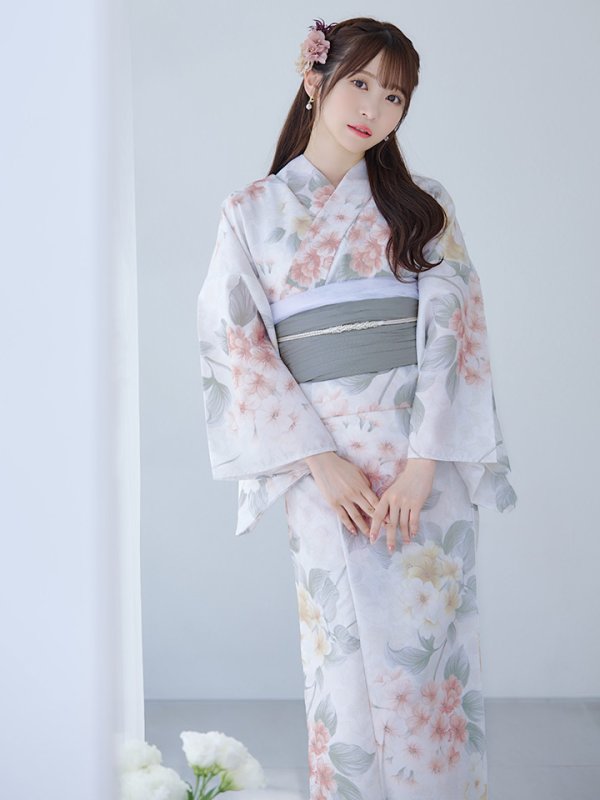 画像8: 【浴衣セール！】【即日発送】ホワイトベージュ紫陽花浴衣【浴衣３点セット 浴衣/帯/下駄】[YMT] (8)