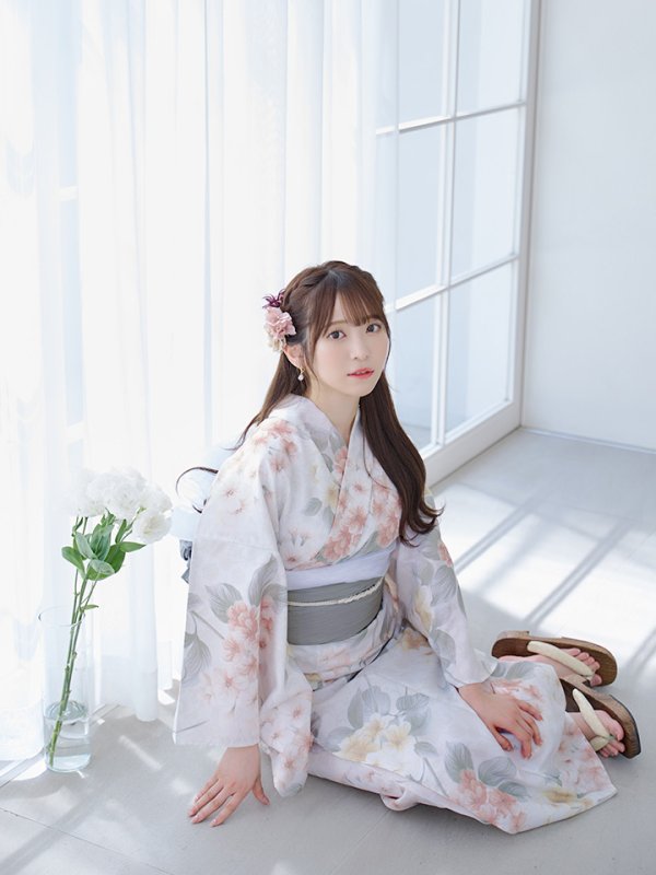 画像9: 【浴衣セール！】【即日発送】ホワイトベージュ紫陽花浴衣【浴衣３点セット 浴衣/帯/下駄】[YMT] (9)