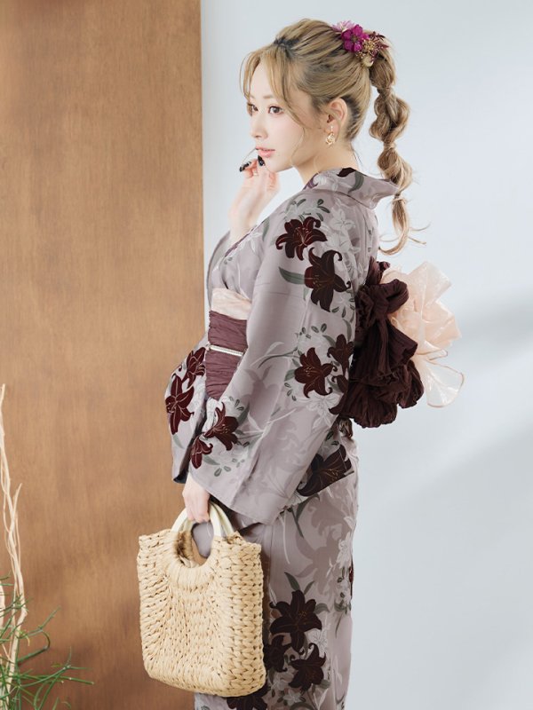 画像11: 【即日発送】ブラウンパープルリリー浴衣【浴衣３点セット 浴衣/帯/下駄】[YMT] (11)