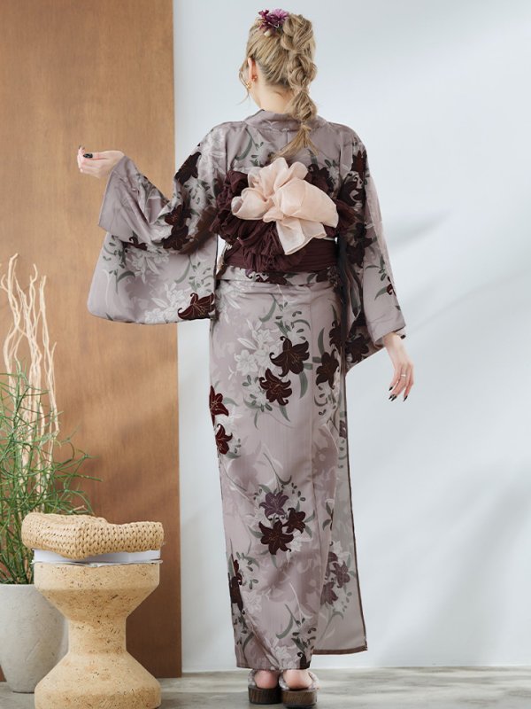 画像18: 【即日発送】ブラウンパープルリリー浴衣【浴衣３点セット 浴衣/帯/下駄】[YMT] (18)