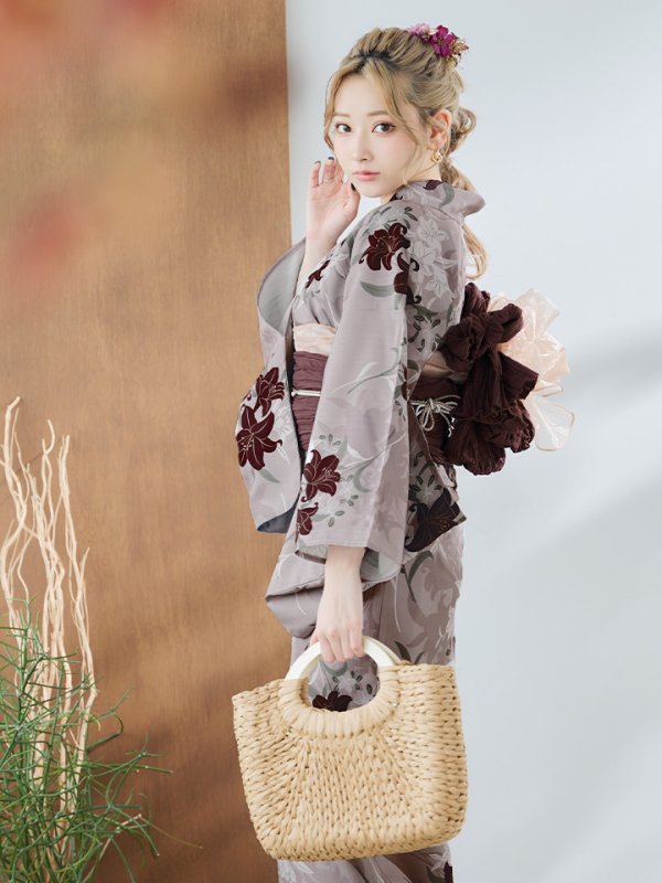 画像2: 【即日発送】ブラウンパープルリリー浴衣【浴衣３点セット 浴衣/帯/下駄】[YMT] (2)