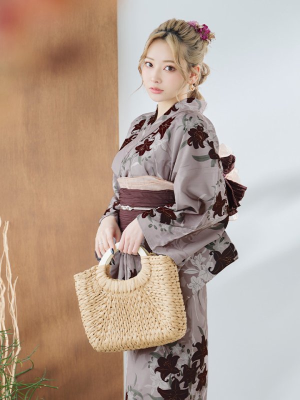 画像3: 【即日発送】ブラウンパープルリリー浴衣【浴衣３点セット 浴衣/帯/下駄】[YMT] (3)