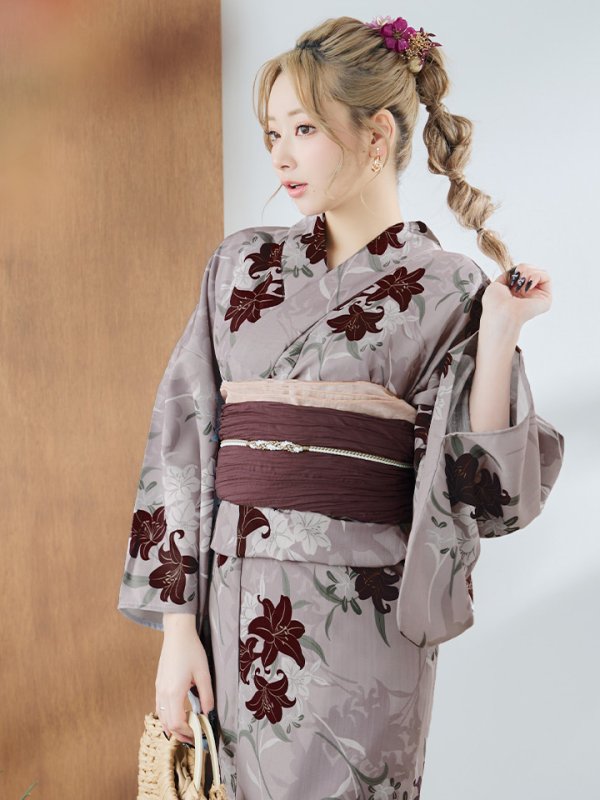 画像7: 【即日発送】ブラウンパープルリリー浴衣【浴衣３点セット 浴衣/帯/下駄】[YMT] (7)