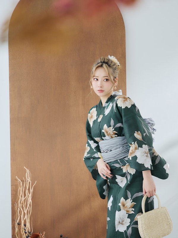 画像10: 【即日発送】ディープグリーン×イエローフラワー浴衣【浴衣３点セット 浴衣/帯/下駄】[YMT] (10)