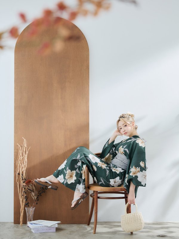 画像11: 【即日発送】ディープグリーン×イエローフラワー浴衣【浴衣３点セット 浴衣/帯/下駄】[YMT] (11)