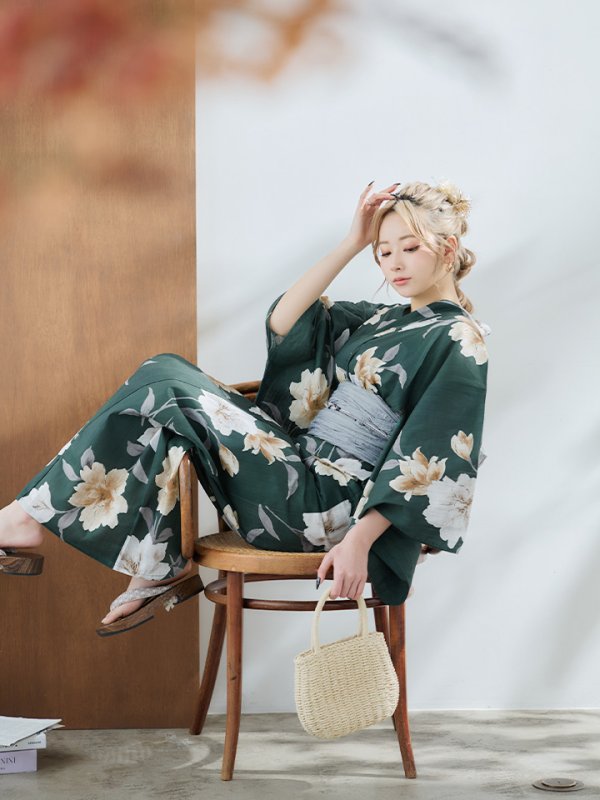 画像13: 【即日発送】ディープグリーン×イエローフラワー浴衣【浴衣３点セット 浴衣/帯/下駄】[YMT] (13)