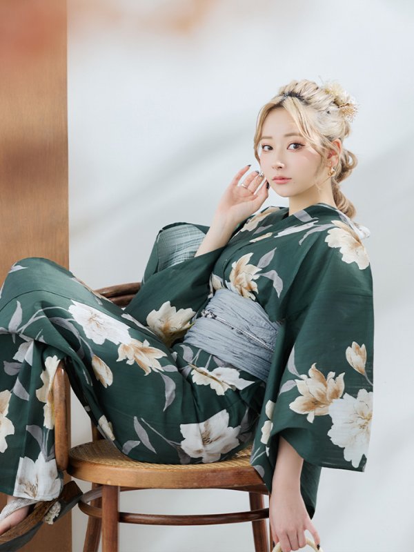 画像14: 【即日発送】ディープグリーン×イエローフラワー浴衣【浴衣３点セット 浴衣/帯/下駄】[YMT] (14)