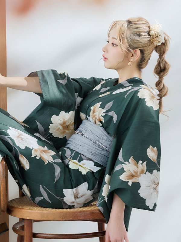 画像16: 【即日発送】ディープグリーン×イエローフラワー浴衣【浴衣３点セット 浴衣/帯/下駄】[YMT] (16)