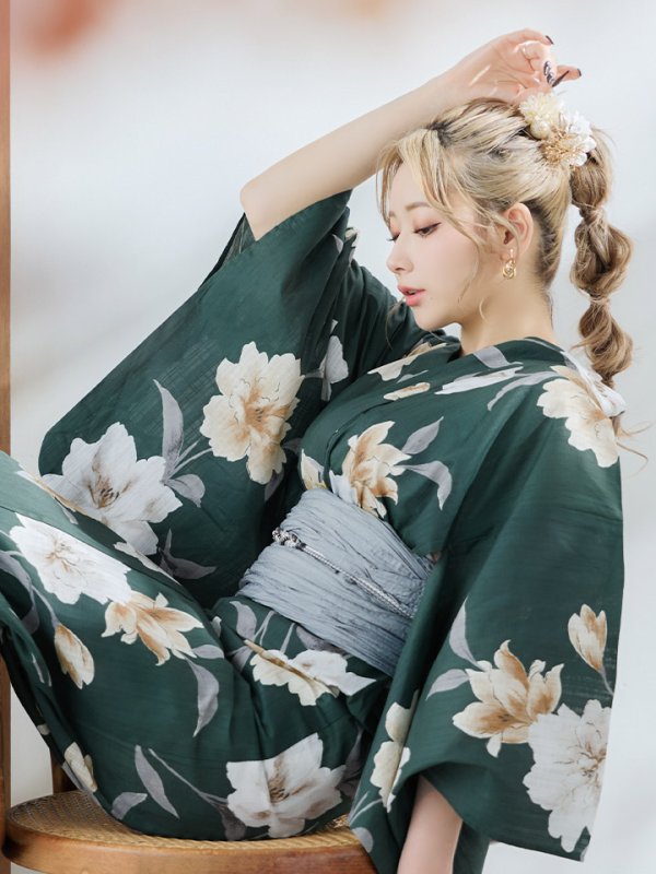 画像17: 【即日発送】ディープグリーン×イエローフラワー浴衣【浴衣３点セット 浴衣/帯/下駄】[YMT] (17)