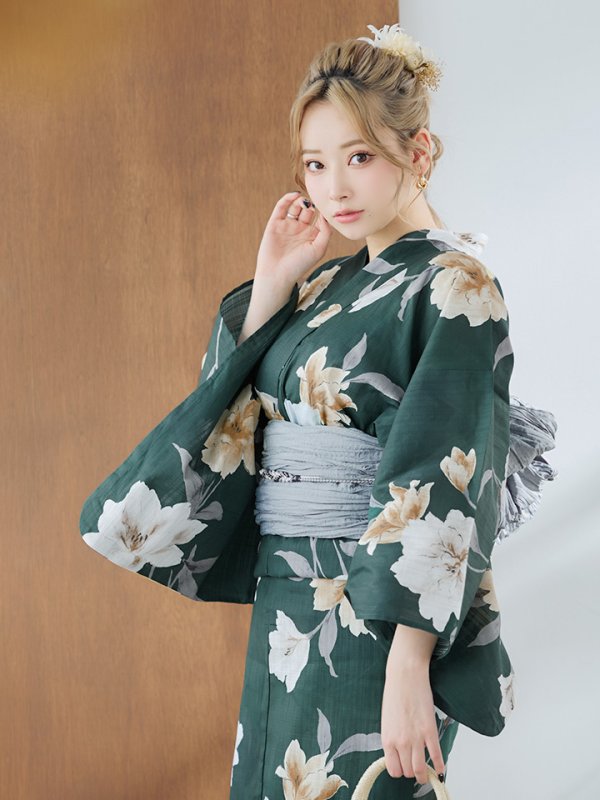 画像2: 【即日発送】ディープグリーン×イエローフラワー浴衣【浴衣３点セット 浴衣/帯/下駄】[YMT] (2)