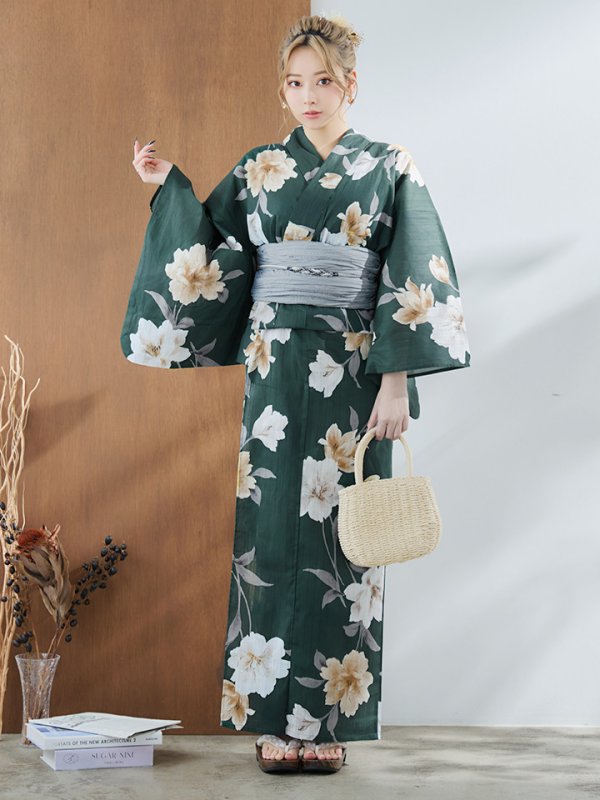 画像4: 【即日発送】ディープグリーン×イエローフラワー浴衣【浴衣３点セット 浴衣/帯/下駄】[YMT] (4)