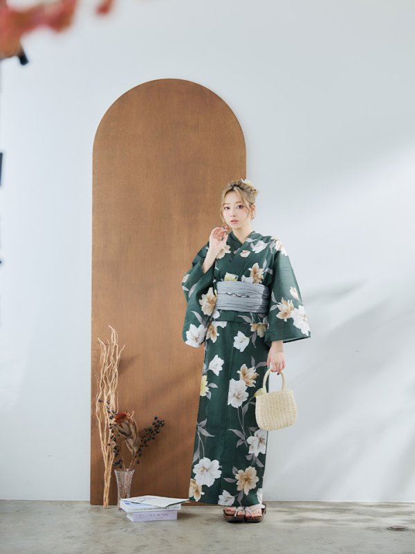 画像5: 【即日発送】ディープグリーン×イエローフラワー浴衣【浴衣３点セット 浴衣/帯/下駄】[YMT] (5)