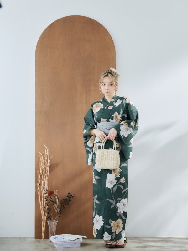 画像6: 【即日発送】ディープグリーン×イエローフラワー浴衣【浴衣３点セット 浴衣/帯/下駄】[YMT] (6)