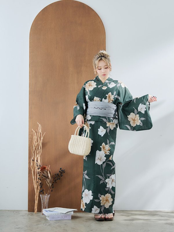画像7: 【即日発送】ディープグリーン×イエローフラワー浴衣【浴衣３点セット 浴衣/帯/下駄】[YMT] (7)