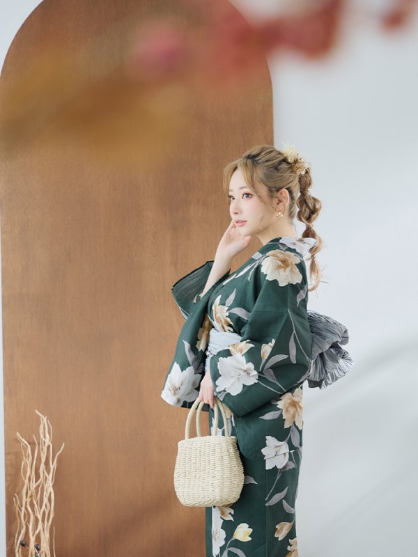 画像9: 【即日発送】ディープグリーン×イエローフラワー浴衣【浴衣３点セット 浴衣/帯/下駄】[YMT] (9)