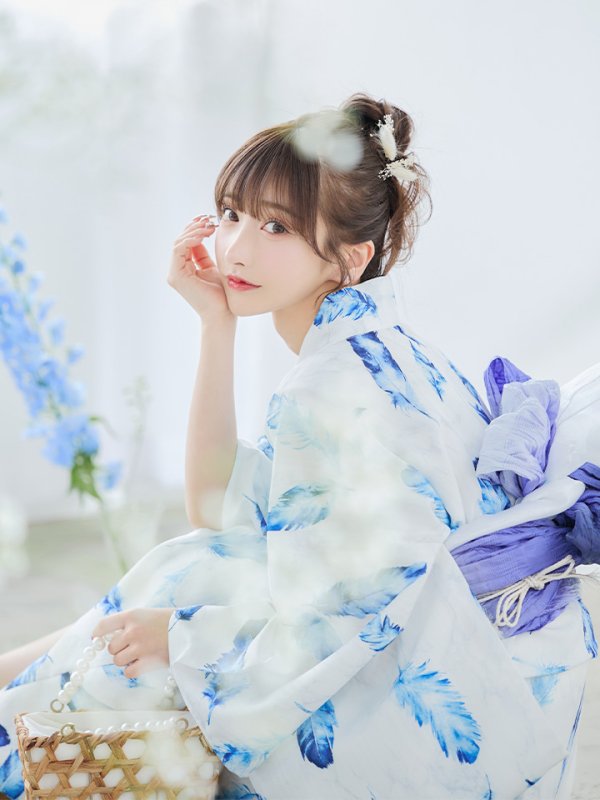 画像1: 【即日発送】大理石×フェザー柄浴衣 OBI-g-500-kj-10-BL / HIMO-900-yn-5-IV / HEKO-800-sb-5-WH / YA-1081-kj-WPG / GETA-02-ok-3-LBL/ [YMT] (1)