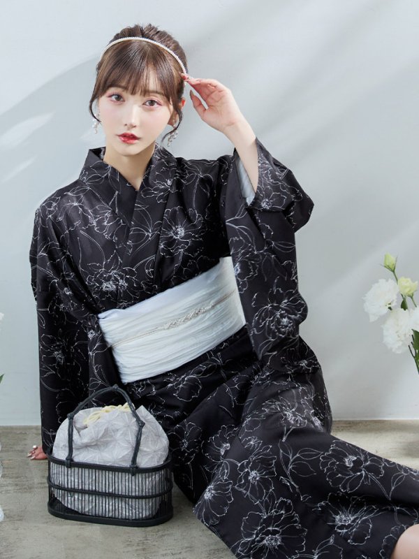 画像3: 【即日発送】ブラック×線画フラワー浴衣【浴衣３点セット 浴衣/帯/下駄】[YMT] (3)