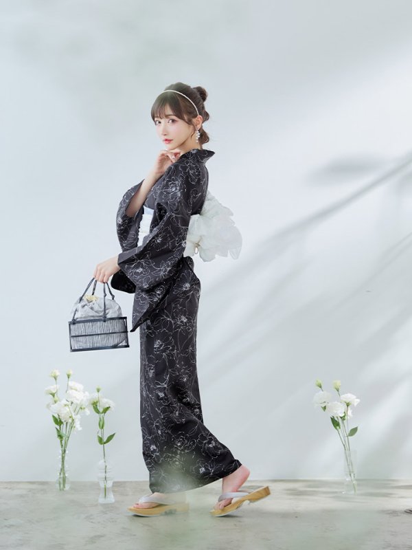 画像5: 【即日発送】ブラック×線画フラワー浴衣【浴衣３点セット 浴衣/帯/下駄】[YMT] (5)