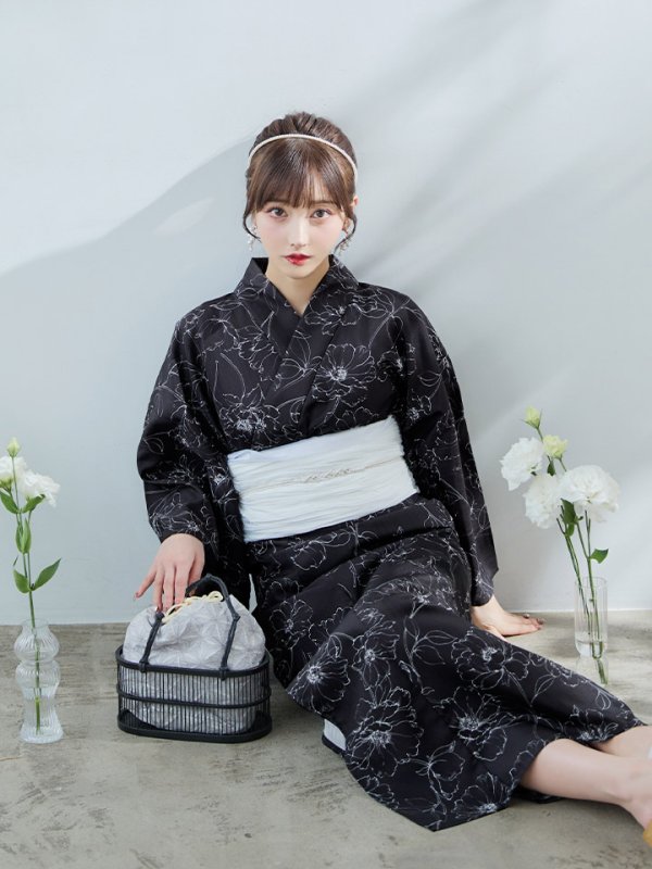 画像7: 【即日発送】ブラック×線画フラワー浴衣【浴衣３点セット 浴衣/帯/下駄】[YMT] (7)