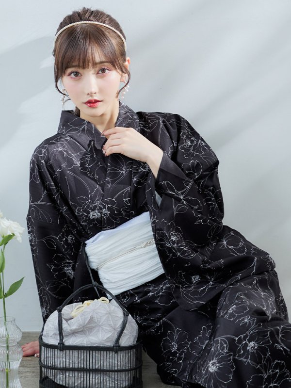 画像8: 【即日発送】ブラック×線画フラワー浴衣【浴衣３点セット 浴衣/帯/下駄】[YMT] (8)