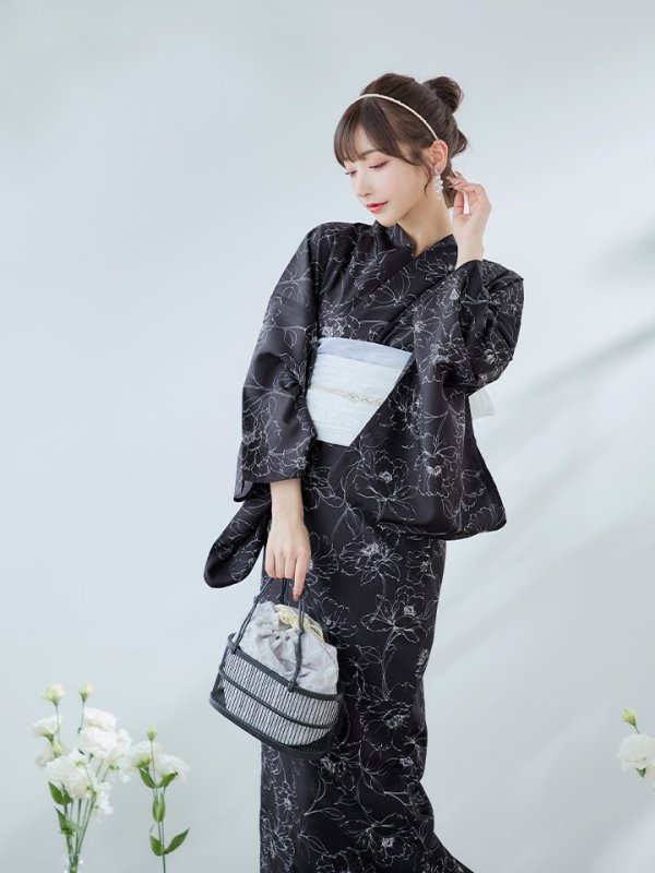 画像9: 【即日発送】ブラック×線画フラワー浴衣【浴衣３点セット 浴衣/帯/下駄】[YMT] (9)