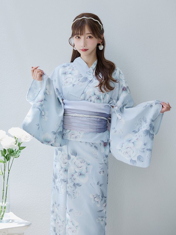 画像3: 【即日発送】クラシカルローズブルー浴衣【浴衣３点セット 浴衣/帯/下駄】[YMT] (3)