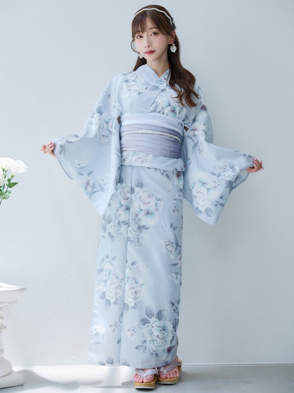 画像4: 【即日発送】クラシカルローズブルー浴衣【浴衣３点セット 浴衣/帯/下駄】[YMT] (4)