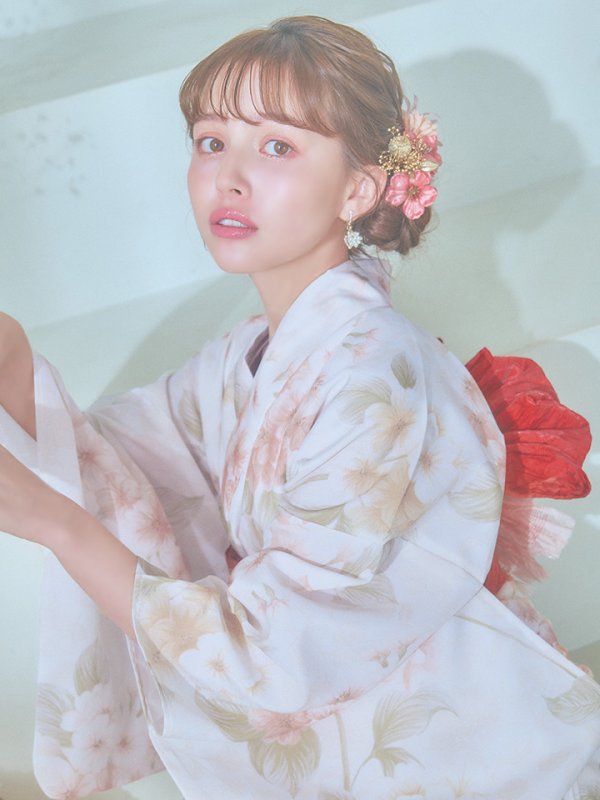 画像11: 【即日発送！】クリームイエロー×オレンジ紫陽花浴衣【浴衣３点セット 浴衣/帯/下駄】[YMT] (11)