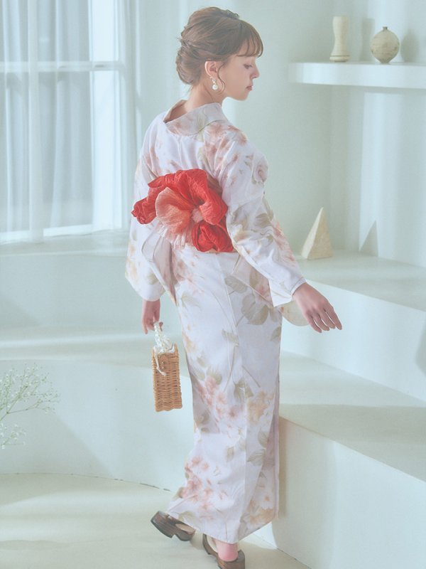 画像12: 【即日発送！】クリームイエロー×オレンジ紫陽花浴衣【浴衣３点セット 浴衣/帯/下駄】[YMT] (12)