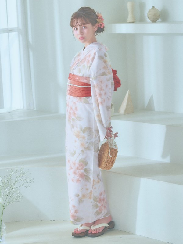 画像14: 【即日発送！】クリームイエロー×オレンジ紫陽花浴衣【浴衣３点セット 浴衣/帯/下駄】[YMT] (14)