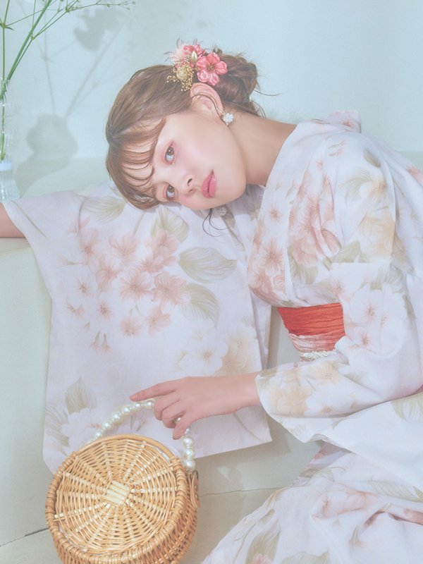 画像15: 【即日発送！】クリームイエロー×オレンジ紫陽花浴衣【浴衣３点セット 浴衣/帯/下駄】[YMT] (15)