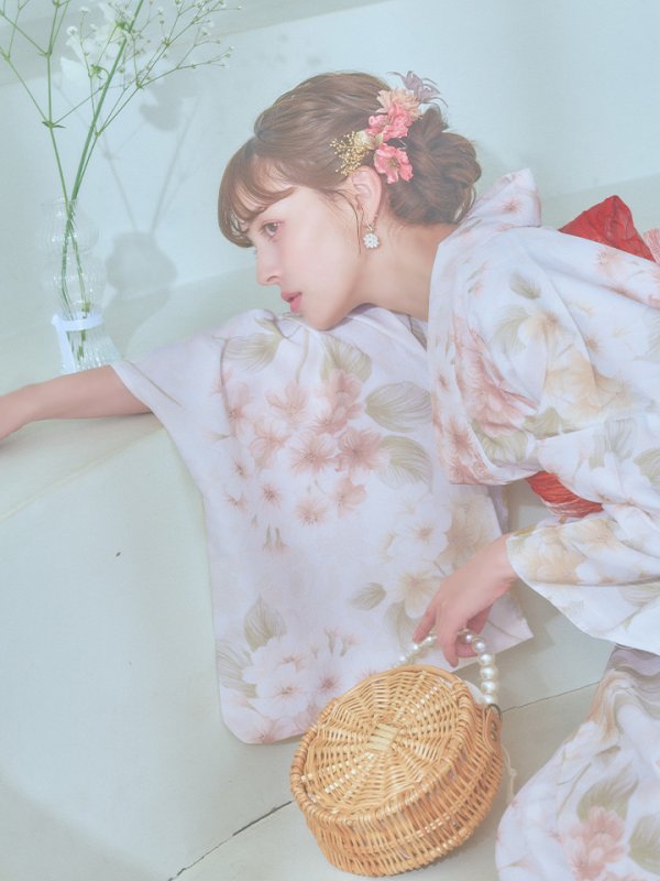 画像17: 【即日発送！】クリームイエロー×オレンジ紫陽花浴衣【浴衣３点セット 浴衣/帯/下駄】[YMT] (17)