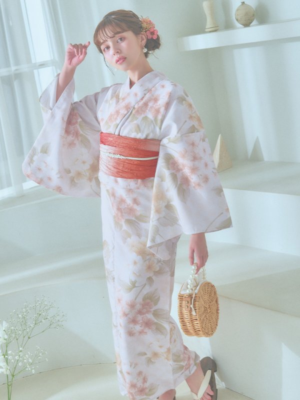 画像2: 【即日発送！】クリームイエロー×オレンジ紫陽花浴衣【浴衣３点セット 浴衣/帯/下駄】[YMT] (2)