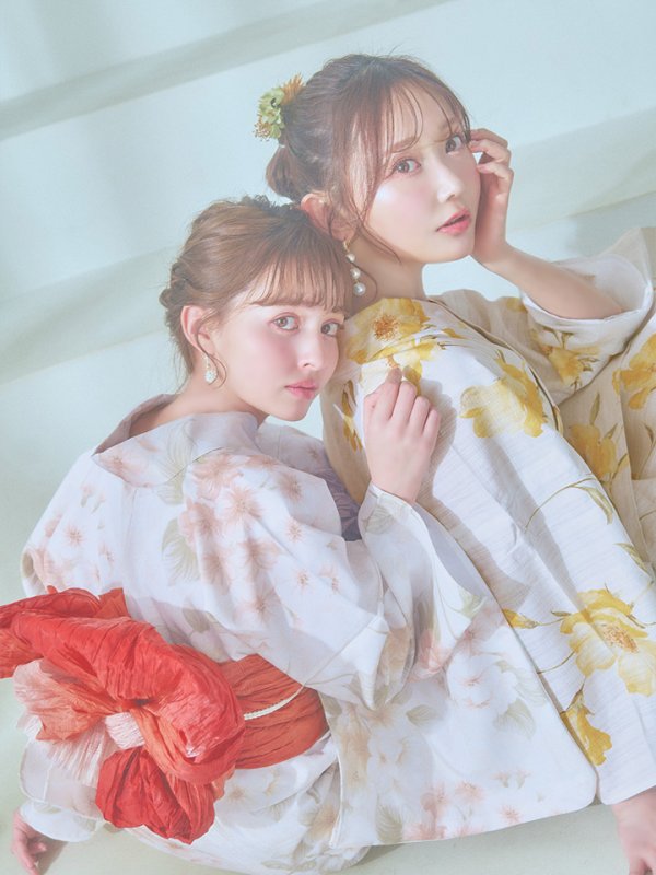 画像27: 【即日発送！】クリームイエロー×オレンジ紫陽花浴衣【浴衣３点セット 浴衣/帯/下駄】[YMT] (27)