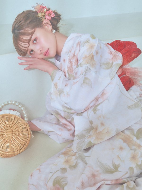 画像3: 【即日発送！】クリームイエロー×オレンジ紫陽花浴衣【浴衣３点セット 浴衣/帯/下駄】[YMT] (3)