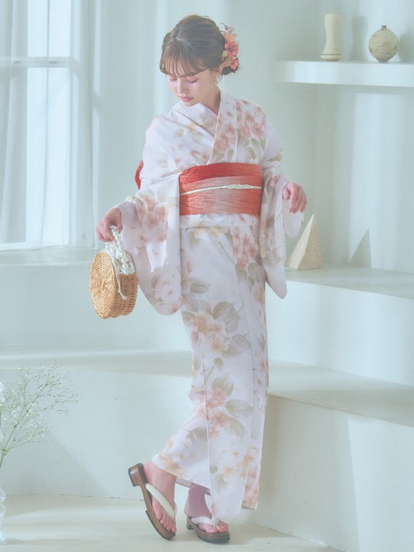 画像4: 【即日発送！】クリームイエロー×オレンジ紫陽花浴衣【浴衣３点セット 浴衣/帯/下駄】[YMT] (4)