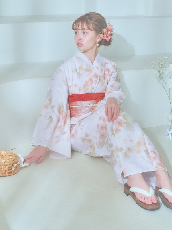 画像5: 【即日発送！】クリームイエロー×オレンジ紫陽花浴衣【浴衣３点セット 浴衣/帯/下駄】[YMT] (5)