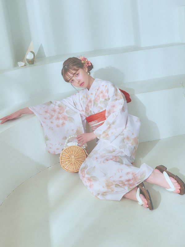 画像7: 【即日発送！】クリームイエロー×オレンジ紫陽花浴衣【浴衣３点セット 浴衣/帯/下駄】[YMT] (7)