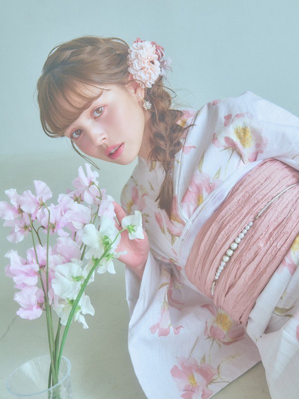 画像16: 【即日発送】水彩ピンクフラワー浴衣【浴衣３点セット 浴衣/帯/下駄】[YMT] (16)