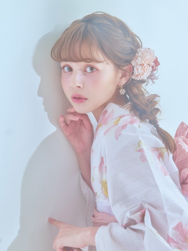 画像2: 【即日発送】水彩ピンクフラワー浴衣【浴衣３点セット 浴衣/帯/下駄】[YMT] (2)