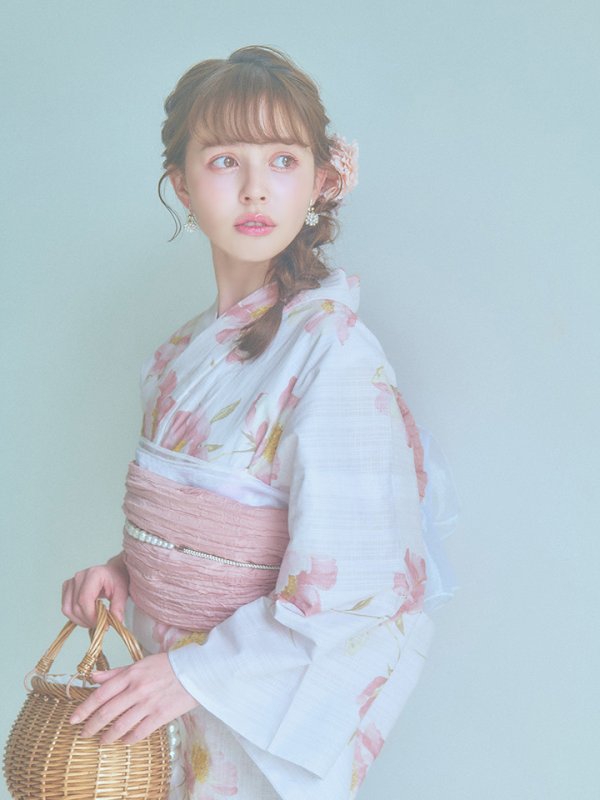 画像6: 【即日発送】水彩ピンクフラワー浴衣【浴衣３点セット 浴衣/帯/下駄】[YMT] (6)