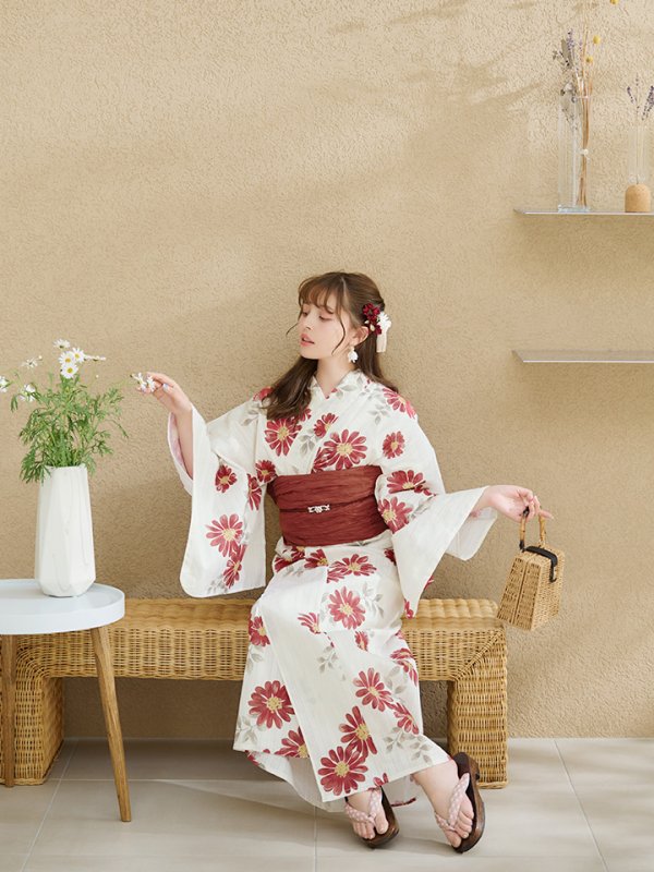画像12: 【即日発送】レッドフラワーモダン浴衣【浴衣３点セット 浴衣/帯/下駄】[OF04] (12)