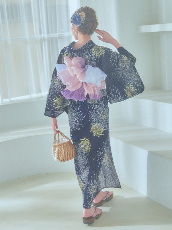 画像16: 【即日発送！】夜空×花火キラキラ浴衣【浴衣３点セット 浴衣/帯/下駄】[OF04] (16)